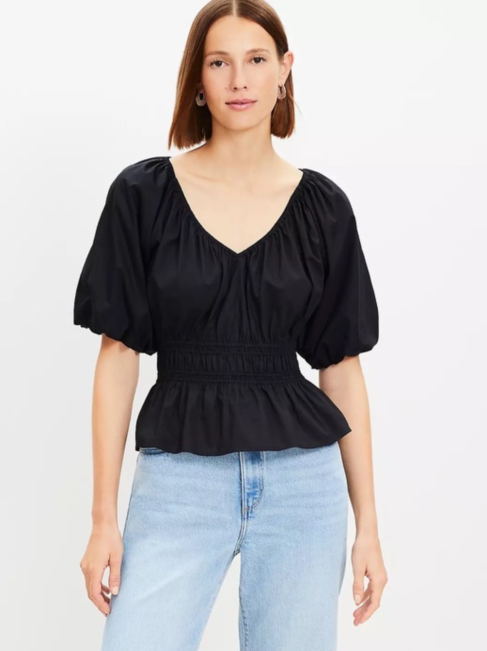 LOFT Black V-Neck Smocked Peplum Blouse